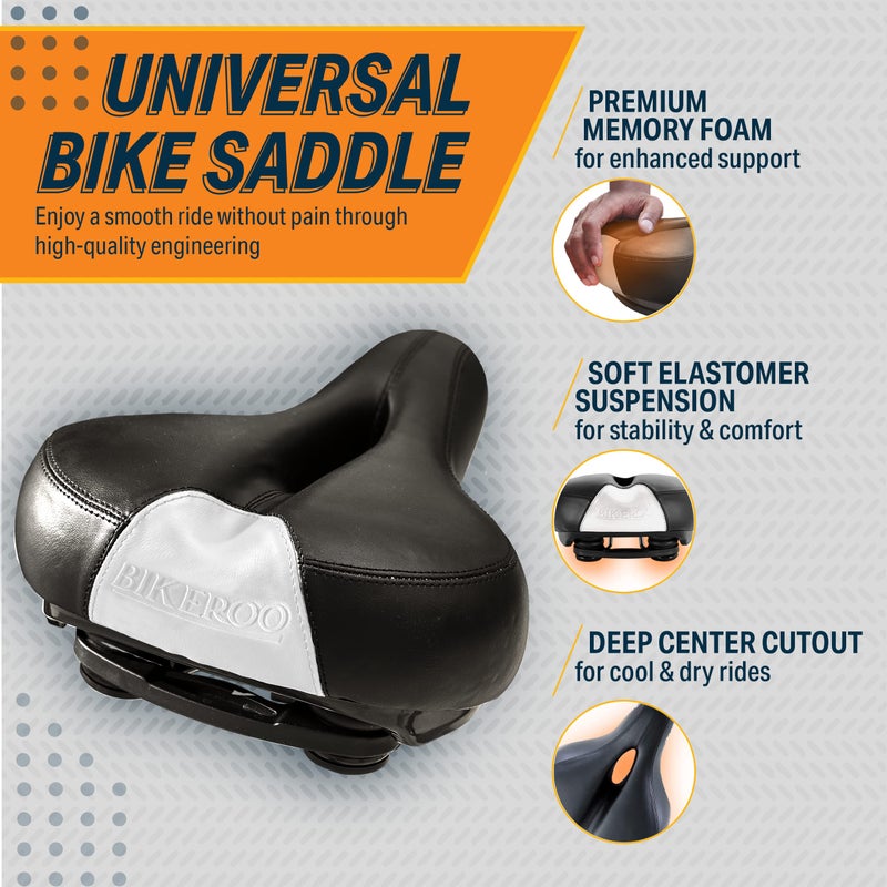 Bikeroo Comfort Saddle for Women & Men - Universal Fit Indoor & Outdoor Bicycles - Center Cutaway for Weight Distribution, Prostate Pressure Relief - Memory Foam - White - Image 2